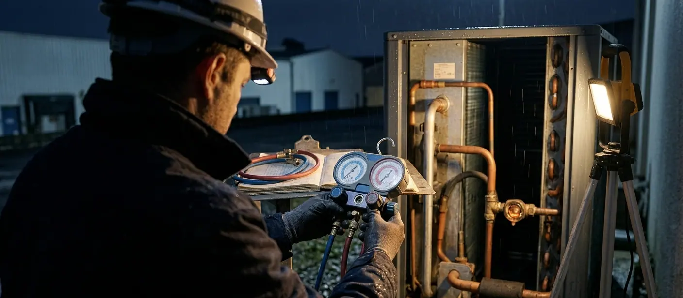 Intervention de nuit sous la pluie sur un groupe extérieur, éclairée par une lampe de chantier.