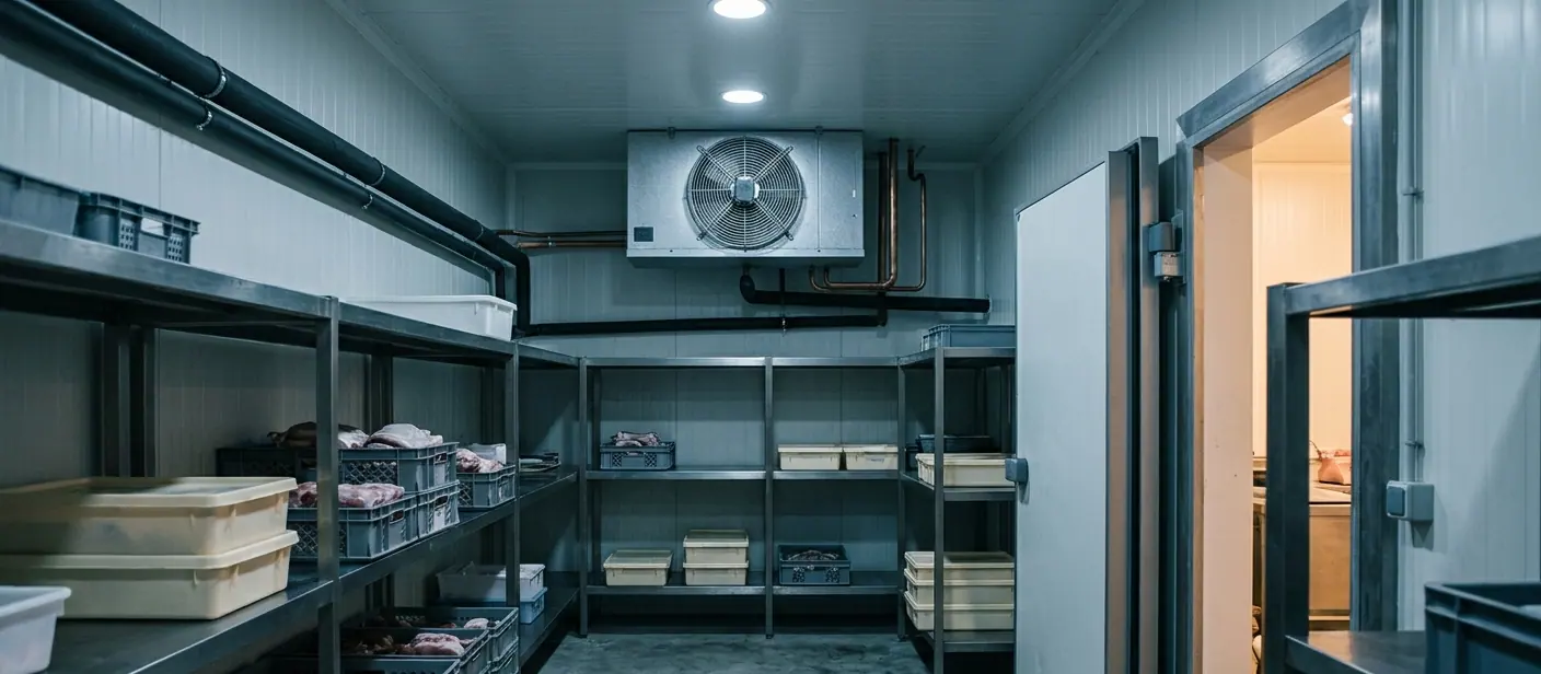 Intérieur d'une chambre froide positive : rayonnages inox, bacs de denrées et évaporateur plafonnier.
